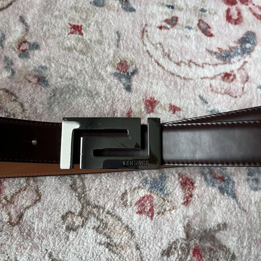 Versace‎ Greca Leather Belt Dark Brown Silver